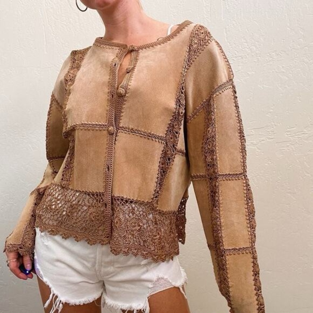 Vintage leather brown leather crochet patchwork jacket with trim
